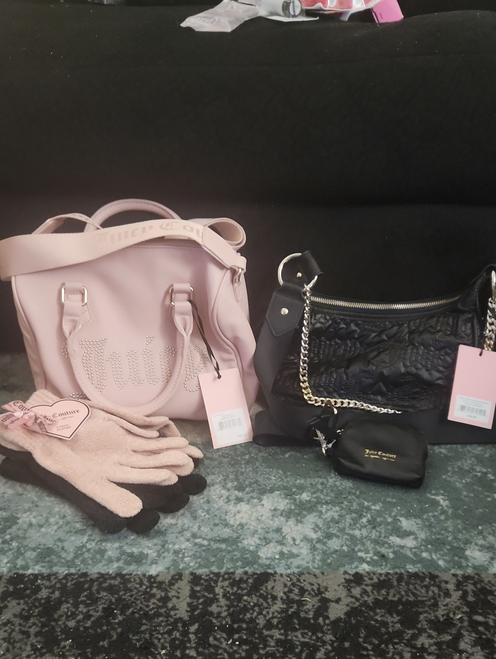 3 Piece Set Juicy Couture Powder Pink & Black  Satchel Bags W/ 2 Pack Glove Set